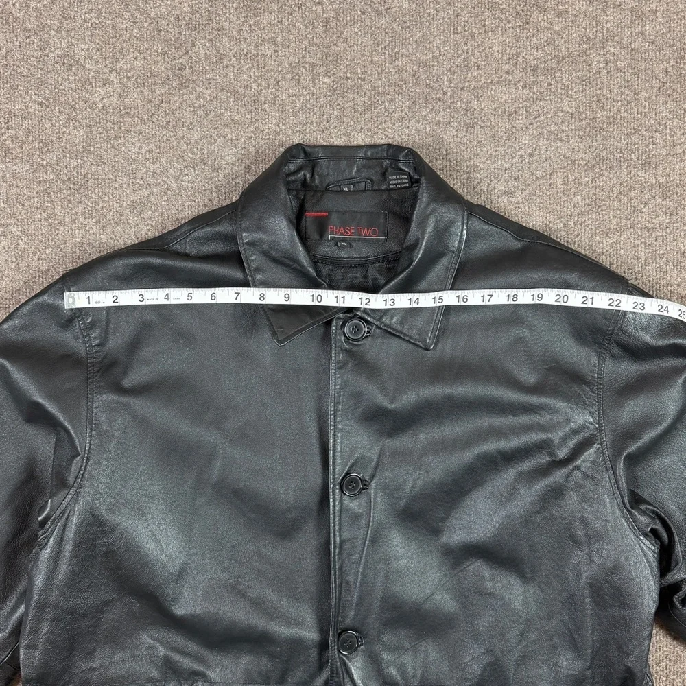 VTG Black Genuine Leather Jacket Men’s XL Button Front Collared Drawstring Waist
